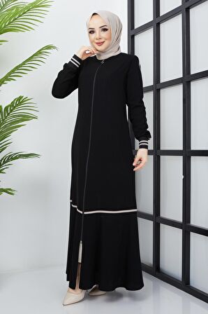 Çizgi Detaylı Siyah Ferace 